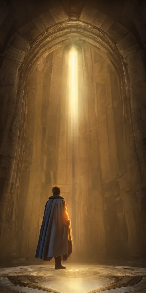 Image similar to a wizard in a cloak standing in front of a portal to wisdom, tall door, high ceiling, magic light, light beam, cinematic atmosphere, high definition, ultra detailed