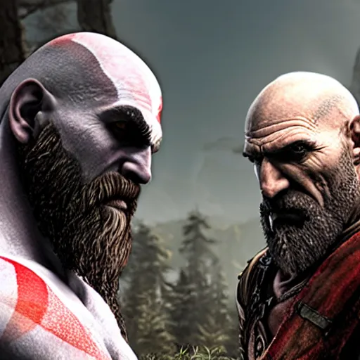 Image similar to screenshot of the game God of War with Kratos and Walter White standing next to eachother