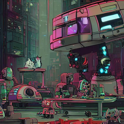 Prompt: cats and robots in a cyberpunk universe