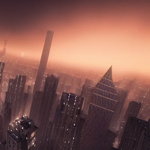 Prompt: highly detailed octane render of a metropolis covered in black smog at twilight