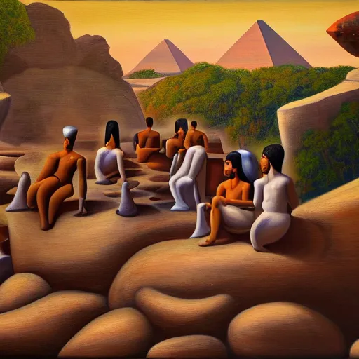 Image similar to a painting of a group of people sitting on rocks, a surrealist painting by abdullah gerguri, cg society, neo - primitivism, fractalism, egyptian art, artstation