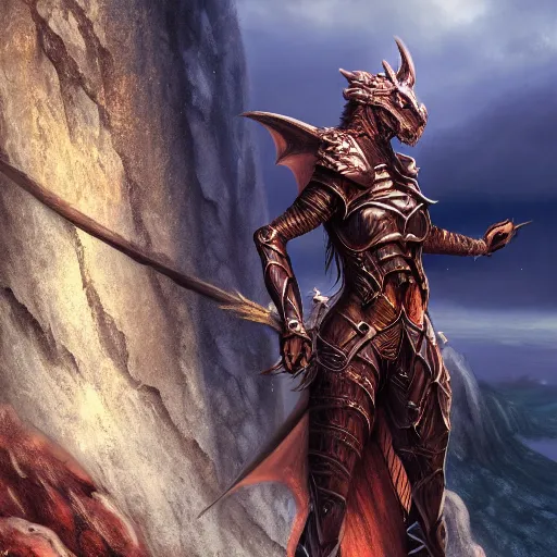 Prompt: a dragon woman wearing metal armor standing on the edge of a cliff, realistic, photoreal, fantasy, 8k, cinematic, colorful, elegant, highly detailed, centered, digital painting, artstation, concept art, sharp photo