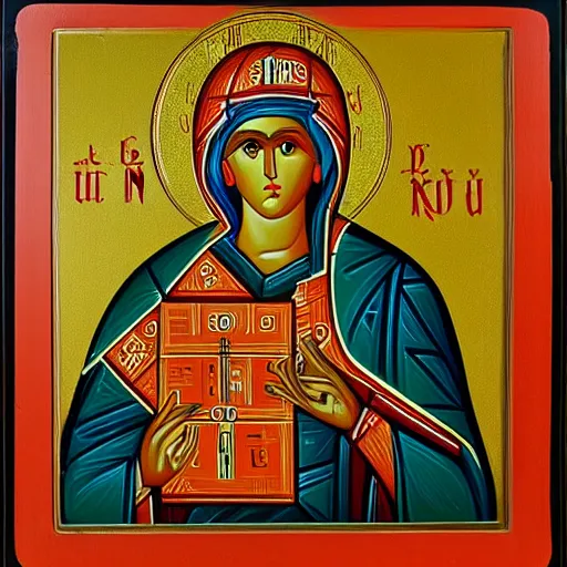 Image similar to an orthodox christian icon of a girl saint with a computer!