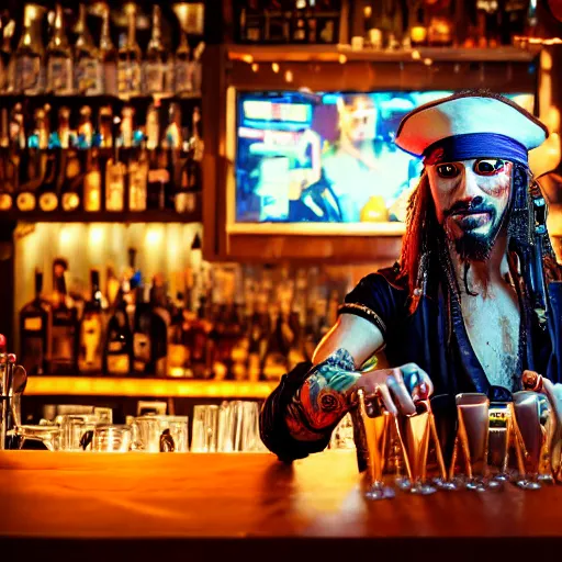 Image similar to a high quality portrait of a pirate bartender in a cyberpunk cyberpunk cyberpunk cafe, realism, 8k, award winning photo