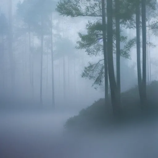 Image similar to watercolor painting of a forest in the fog by the ocean, dramatic lighting, peaceful