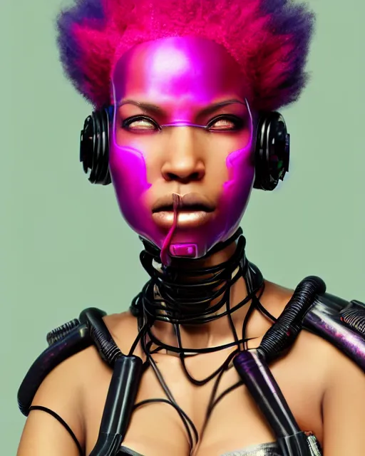 Image similar to portrait of a beautiful black woman with pink hair as a cyberpunk cyborg half robot, revealing wires and electronics, sci - fi, missing panels, intricate abstract upper body intricate artwork, concept art, octane render, deviantart, cinematic, key art, hyperrealism, iridescent accents, portrait photograph, nikon 3 5 mm, photograph by greg rutkowski