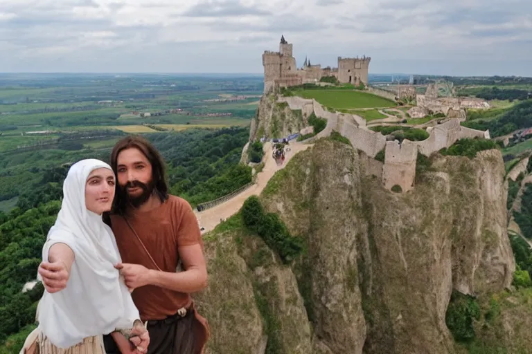 Image similar to selfie made by jesus and mary magdalene standing on a cliff looking over a beautiful landscape with castles in france, award winning photo, very detailed, very realistic