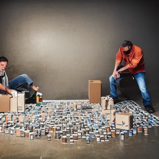 Prompt: a dlsr photo of two hobos creating a time machine from beer bottles and cardboard boxes. symmetry. awesome exposition. very detailed, 5 0 mm lens, professional lighting diffracted lightrays 4 k.