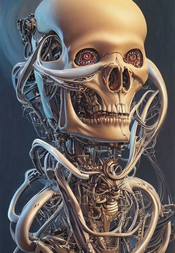 Prompt: perfectly centered portrait, front view of a beautiful biomechanical android alien robot skull, female, flowing hair, intense stare, sarcastic smile, symmetrical, concept art, intricate detail, volumetric shadows and lighting, realistic oil painting by tim hildebrandt,