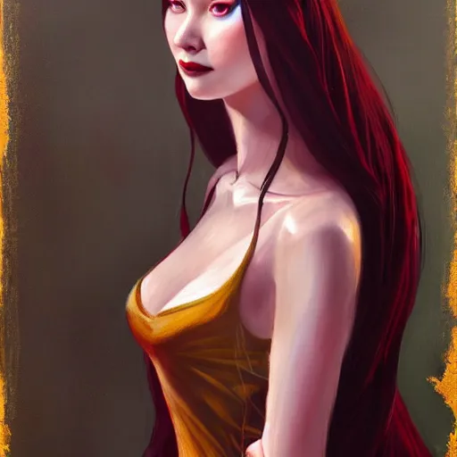 Prompt: portrait of a female wizard in flowing sensual dress, long flowing hair, delicate, looking at camera, slightly smiling, realistic face, stylish, elegant, extremely detailed painting inspired by Gerald Brom and Simon Stalenhag, studio lighting