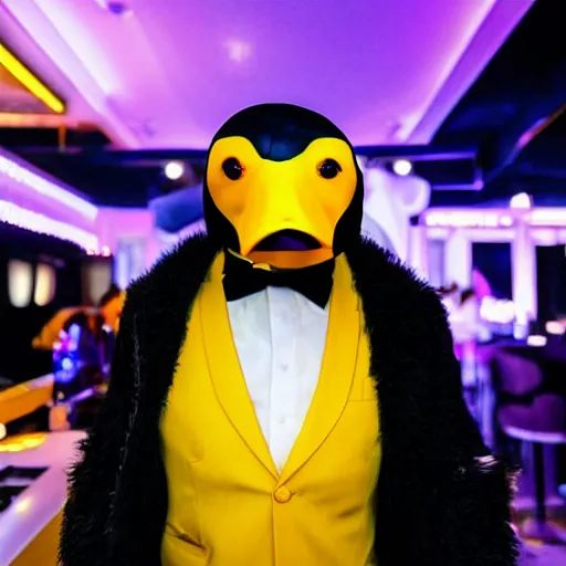 Image similar to photo of a man in a suit wearing a latex mask of a emperor penguin, at a nightclub, back photo