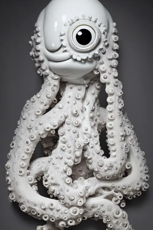 Image similar to full head and shoulders, beautiful porcelain female person, with many eyeballs, smooth, delicate facial features, white detailed eyes, white lashes, 3 d white shiny thick, large octopus tentacles and eyeballs by daniel arsham and james jean