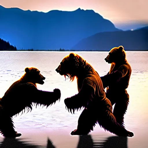 Image similar to kodiak bears kung - fu fighting with lightsabers on a lakefront, dusk,