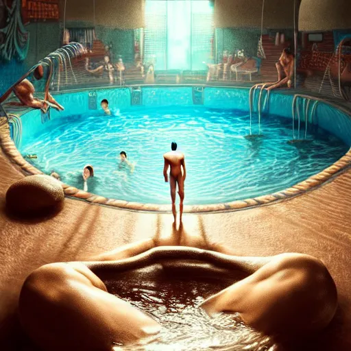 Prompt: an intricate concept illustration of a man swimming inside a hot coffee pool , surreal, fantasy, highly detailed, cinematic lighting, Artstation, concept art, hyper realistic, cgsociety