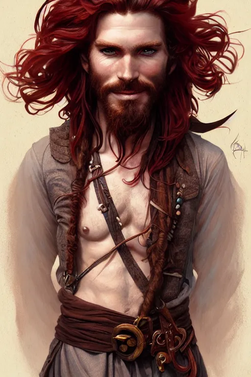 Prompt: portrait of a young ruggedly handsome but joyful pirate, male, masculine, full body, red hair, waist long hair, fantasy, intricate, elegant, highly detailed, digital painting, artstation, concept art, matte, sharp focus, illustration, art by artgerm and greg rutkowski and alphonse mucha