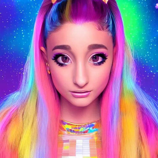 Prompt: 35mm macro shot portrait of an extremely cute and adorable Prismatic Spectrum Cosmic Magical Girl Ariana Grande from the Rainbow Sky Paradise playing Dance Dance Revolution at Eurovision and Tomorrowland, , large wide-set piercing eyes, smirk, ambient occlusion, DAZ, cinematic lighting, 3D render, unreal engine 5, professional graflex photograph by artgerm