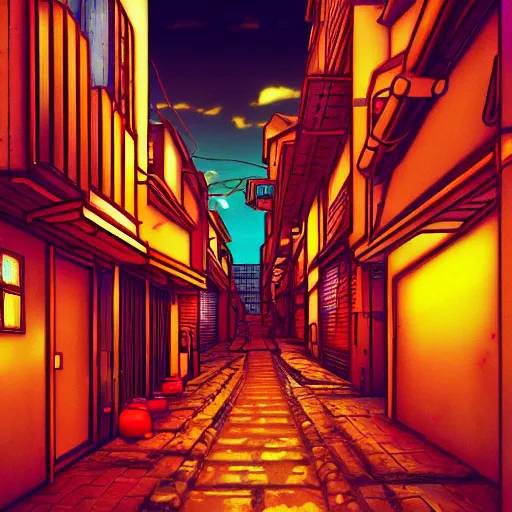 Prompt: small alley in golden gai, vaporwave nostalgia, visual novel cg, 8 0 s anime vibe, kimagure orange road, maison ikkoku, trending on artstation