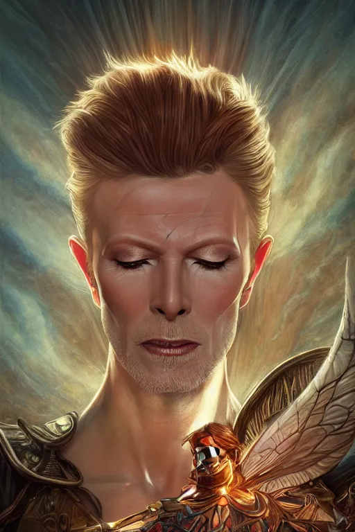 Image similar to ultra realistic illustration, fairy king david bowie from diablo and baldurs gate, intricate, elegant, highly detailed, digital painting, artstation, concept art, smooth, sharp focus, illustration, art by artgerm and greg rutkowski and alphonse mucha