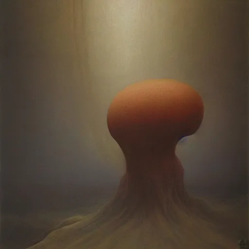 Prompt: It's back guys, oil on canvas by Zdzisław Beksiński