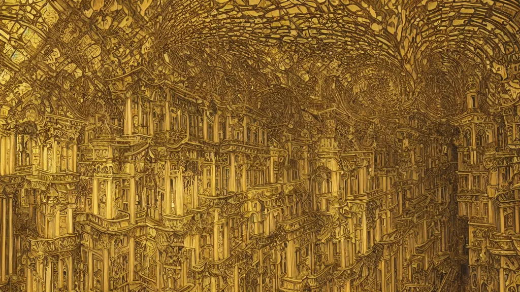 Prompt: baroque architecture, by Escher and Jean Delville, fractal, walled city of Kowloon, golden lighting, ornate