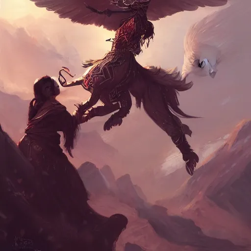 Image similar to asian woman holding an eagle on a horse, greg rutkowski, fantasy, intricate, elegant, wolf nearby, highly detailed, digital painting, artstation, concept art, long shot, cinematic lighting