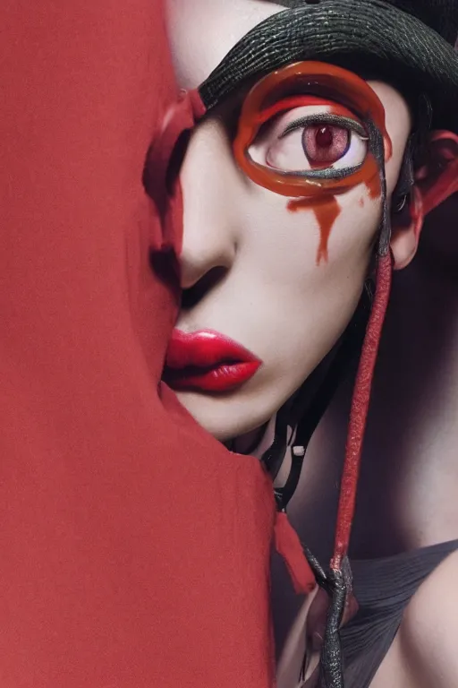 Image similar to comme des garcons campaign featuring jar jar binks as a female cowgirl, long eyeslashes, huge juicy lips, big seductive eyes, unprocessed colors, # nofilter, realistic vfx simulation