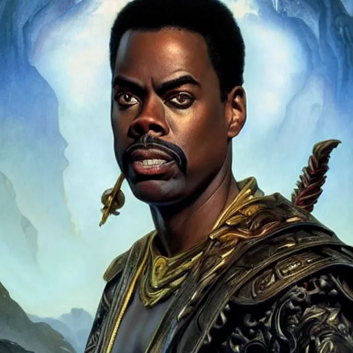 Image similar to chris rock as teferi, in the style of magic the gathering, glacier landscape, d & d, fantasy, intricate, elegant, highly detailed, digital painting, artstation, concept art, matte, sharp focus, illustration, art by artgerm and greg rutkowski and alphonse mucha