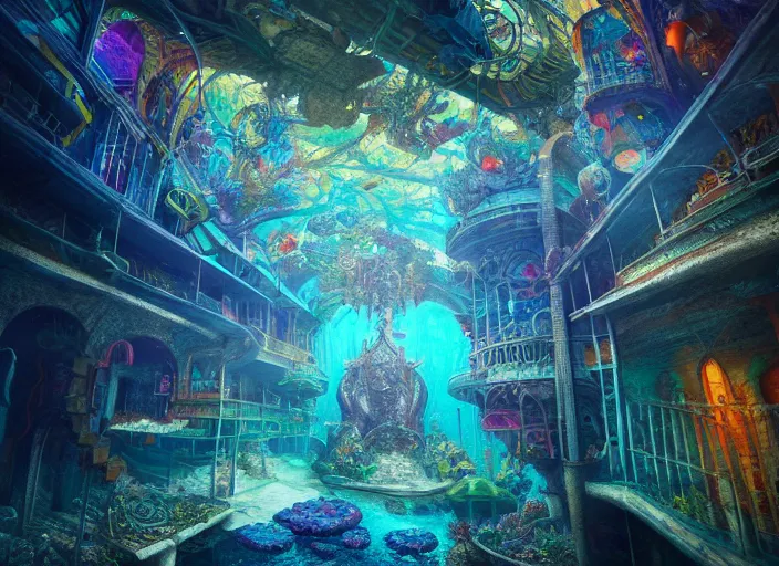 Image similar to favela fantasy cathedral, underwater environment, sorcery, scenery, professional, award - winning, trending on artstation, hyper detailed, realistic, beautiful, emotional, shiny, colorful, picture