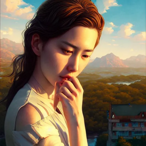 Image similar to a beautiful scenic painting by artgerm and wlop and wes anderson and spike jonze