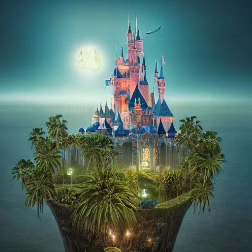 Prompt: the disney castle surrounded by giant palm trees on a giant floating island in the sky, a huge light bulb illuminates the island from above, night, cinematic, digital art by erik johansson, 8 k resolution, hyper detailed, sharp focus