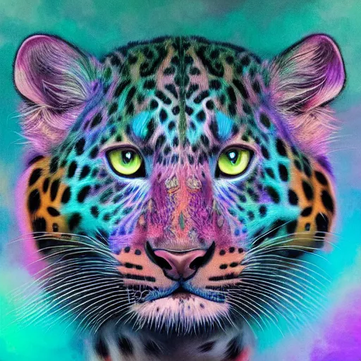 Image similar to a colorful closeup portrait of an amur leopard dreamy vibes floating head and dreaming psychedelic hair. halo behind his head. trending on artstation. by peter mohrbacher and moebius and alex ross. intricate detail. hyperrealistic. photorealism. 8 k. flat design