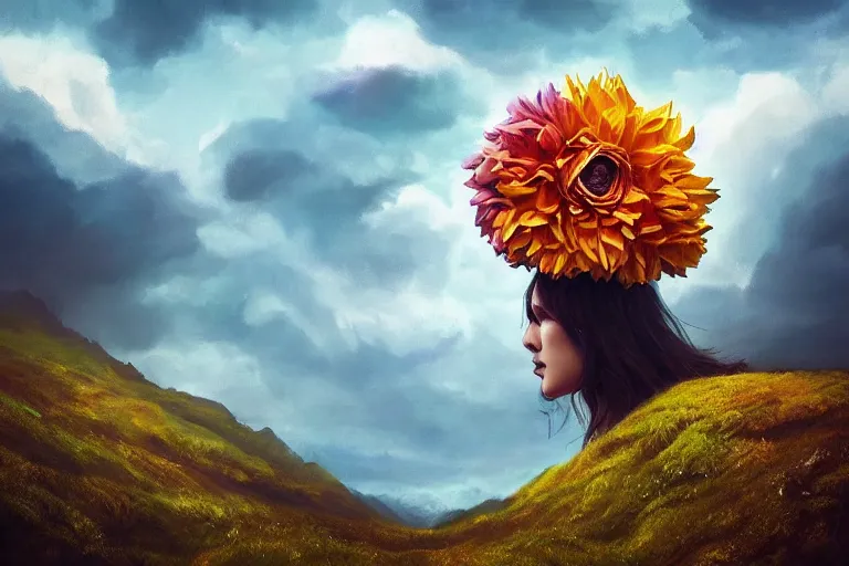 Prompt: giant dahlia flower crown under head, portrait girl on mountain, surreal photography, blue storm clouds, dramatic light, impressionist painting, digital painting, artstation, simon stalenhag