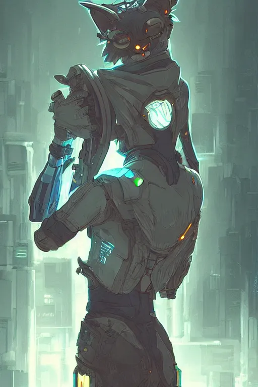 Image similar to an anthropomorphic cyberpunk fox, backlighting, trending on artstation, digital art, furry art, trending on furaffinity, fantasy art, by kawacy, view from behind