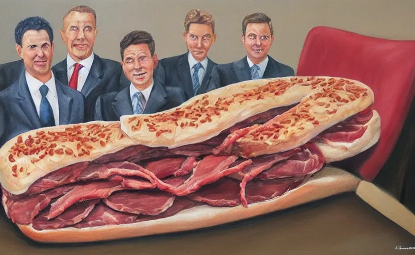 Prompt: realistic painting of couch made out of meat, business men sitting on couch made out of meat and talking,