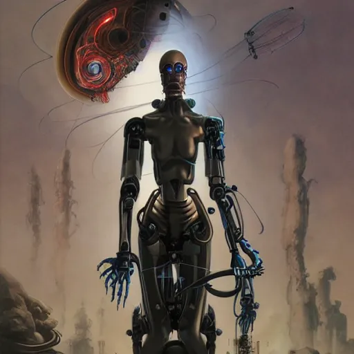 Image similar to amish cyborg with one robotic eye, highly detailed by peter mohrbacher, hajime sorayama, wayne barlowe, boris vallejo, aaron horkey, gaston bussiere, craig mullins