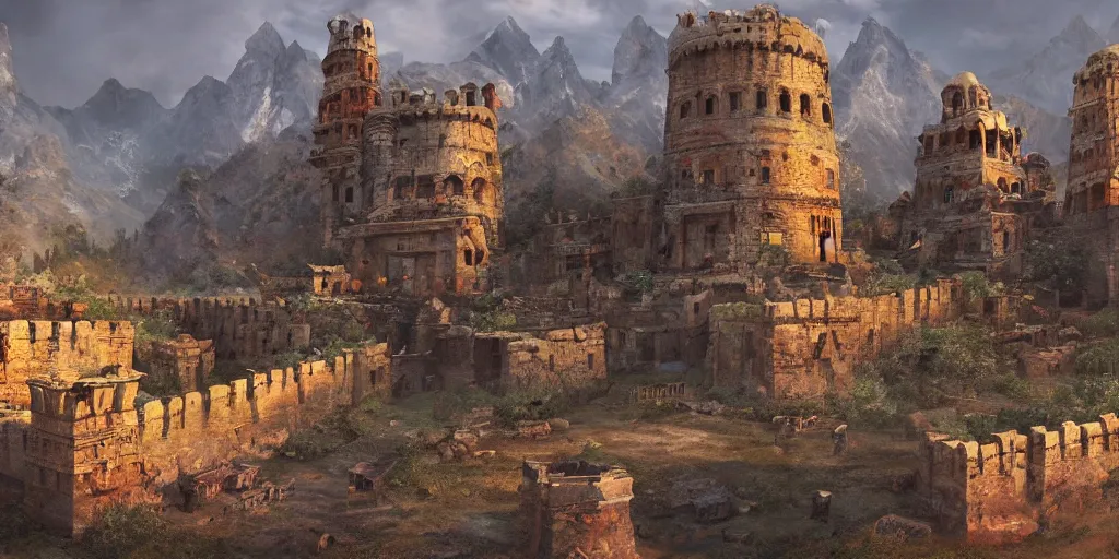 Prompt: An ancient Iranian fortress as Far Cry 4 concept art, spring season, beautiful, gorgeous buildings, , concept art by Viktor Vasnetsov, concept art, ancient era, warm lighting, soft by Ivan Shishkin, Dimitri Desiron and Antonio Lopez Garcia, hyperborea, high resolution, trending on artstation,