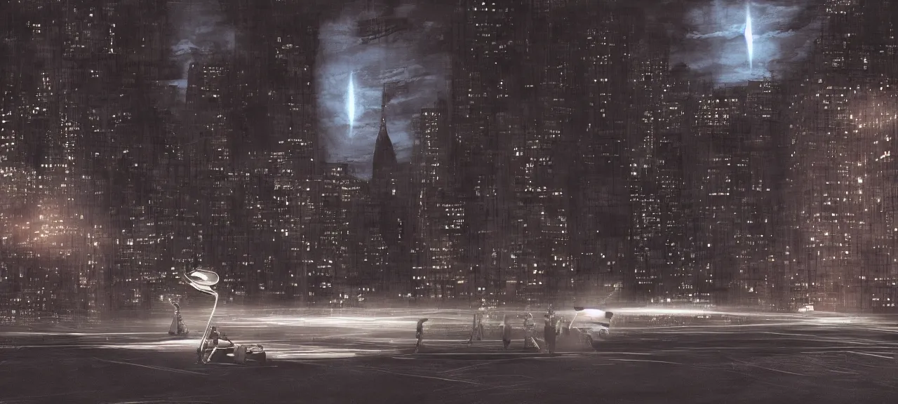 Prompt: Alien spaceship landing in the middle of night New York, surprised priests watching, very restless and dramatic atmosphere, digital art, photorealistic photo