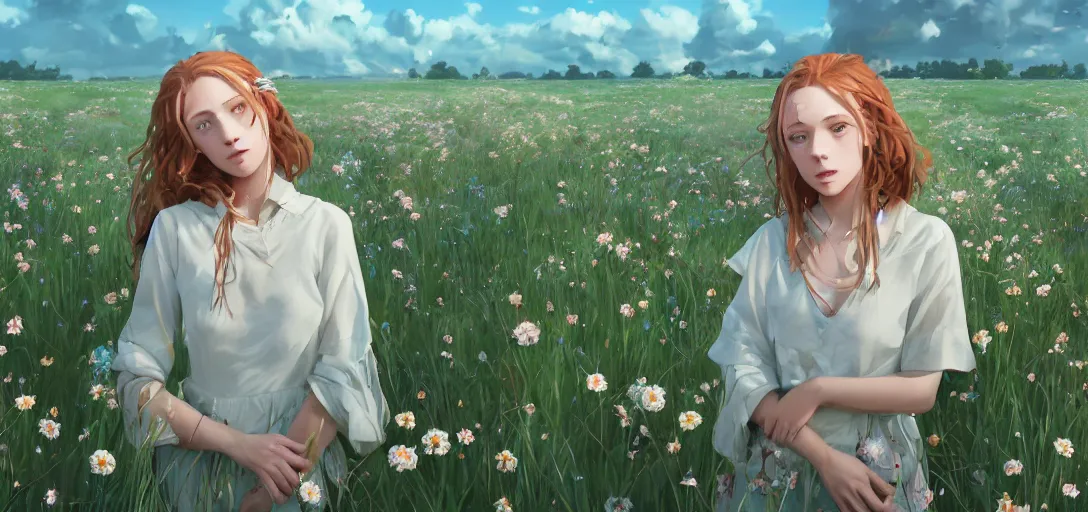 Image similar to a beautiful southern woman named Savannah, innocent, sad turquoise eyes, freckles, long ginger hair tied with white ribbon, relaxed in a field of flowers on a farm, gentle lighting, storm in the distance, somber, western clothing, dress, digital art by Makoto Shinkai ilya kuvshinov and Wojtek Fus, digital art, concept art,