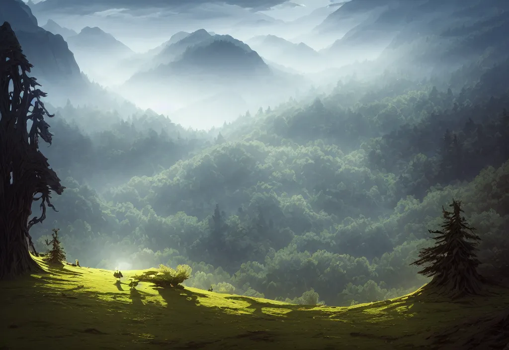 Image similar to mountain landscape without people, high trees, top of the hill, above low layered clouds, deep focus, fantasy, intricate, elegant, highly detailed, digital painting, artstation, concept art, matte, sharp focus, illustration, hearthstone, art by rhads and artgerm and greg rutkowski and alphonse mucha. gediminas pranckevicius