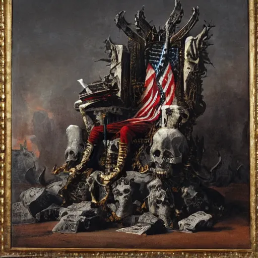 Image similar to Joe Biden sitting on his throne of skulls and smiling, oil on canvas, 1883