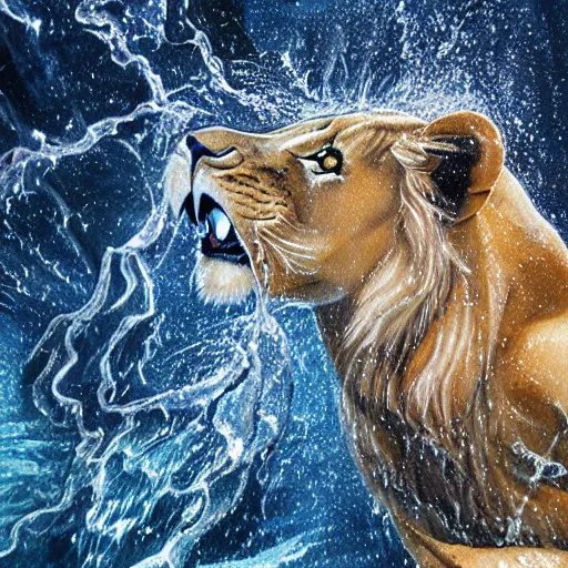 Image similar to a male lion's face breaching through a wall of water, water sprites, splashing, deep blue water color, highly detailed