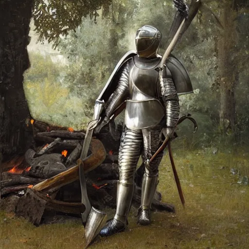 Prompt: knight wearing sallet helmet leaning against a tree by the campfire with a discarded sword and gun, oil painting, by Fernanda Suarez and and Edgar Maxence and greg rutkowski