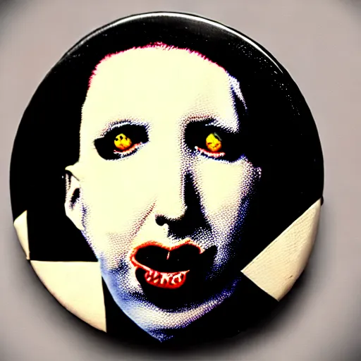 Image similar to painting on a badge!!!!, photo of a marilyn manson, punks not dead!!!!, exploited!!, clash, junk yard, rats!!, god save the queen!!!, punk rock album cover art style, grunge, no future!!!!