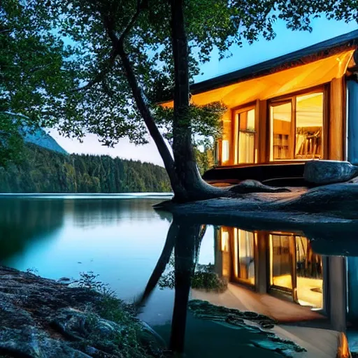 Image similar to A cottage with a big picture window light up by a lake Surrounded by trees and mountains in the background and beach chairs and trees in the foreground at night