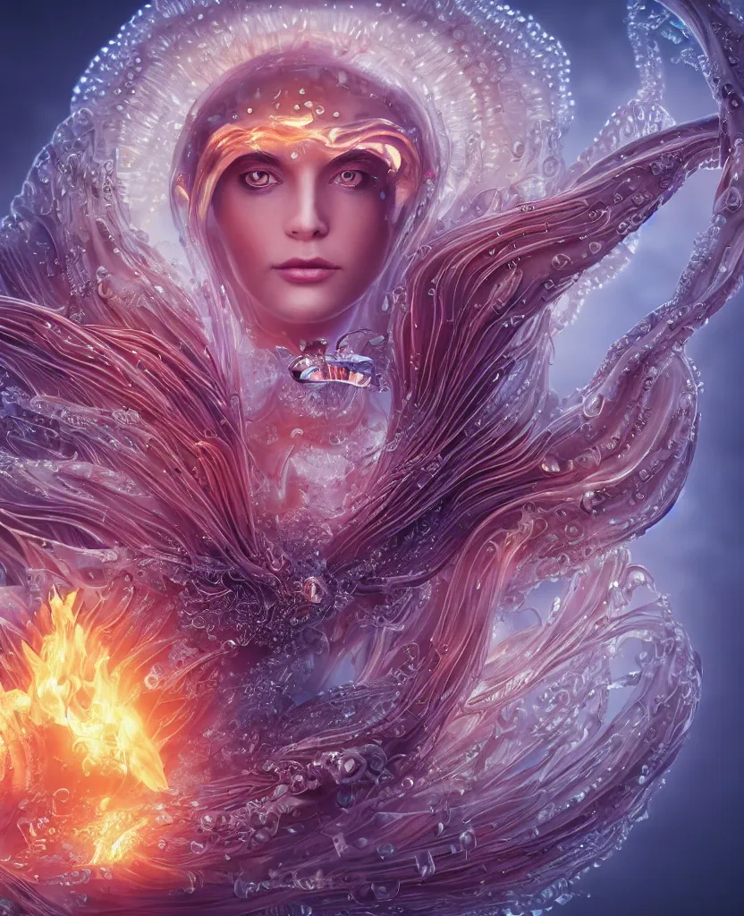 Image similar to close-up macro portrait of the face of a beautiful princess, epic angle and pose, symmetrical artwork, 3d with depth of field, blurred background, cybernetic jellyfish female face skull phoenix bird, translucent, nautilus, energy flows of water and fire. a highly detailed epic cinematic concept art CG render. made in Maya, Blender and Photoshop, octane render, excellent composition, cinematic dystopian brutalist atmosphere, dynamic dramatic cinematic lighting, aesthetic, very inspirational, arthouse. y Greg Rutkowski, Ilya Kuvshinov, WLOP, Stanley Artgerm Lau, Ruan Jia and Fenghua Zhong