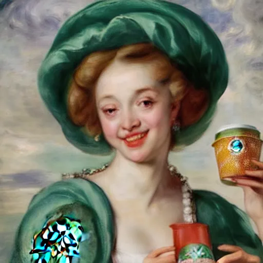 Image similar to heavenly summer sharp land sphere scallop well dressed lady holding a starbucks coffee cup, auslese, by peter paul rubens and eugene delacroix and karol bak, hyperrealism, digital illustration, fauvist, starbucks coffee cup green logo