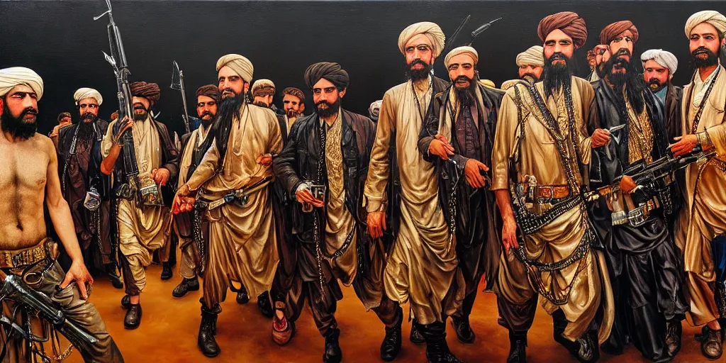 Image similar to taliban and leather men at pride, abstract oil painting by gottfried helnwein pablo amaringo raqib shaw zeiss lens sharp focus high contrast chiaroscuro gold complex intricate bejeweled