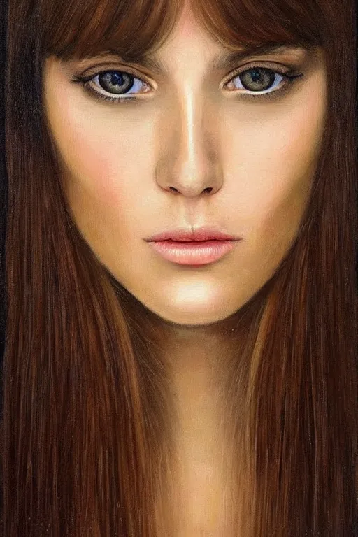 Image similar to hyper realistic painting portrait of brunette with bangs, intrincate ornaments, gold decoration, caligraphy, occult art, illuminated manuscript, oil painting, art noveau