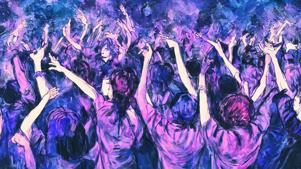 Prompt: a group of people seen from the front dancing together at a concert,, dark blue and intense purple color palette, in the style of yoshiyuki tomino