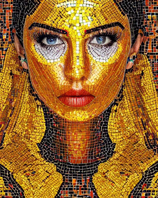 Image similar to mosaic portrait of woman in shining golden armor, high production value, intricate details, high resolution, hdr, high definition, masterpiece, realistic, ultrarealistic, highly detailed, hd, sharp focus, non blurry, sharp, smooth